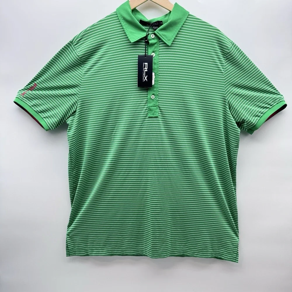 RLX Ralph Lauren Golf Polo Shirt Mens XXL Green White Striped Wicking Pink Logo